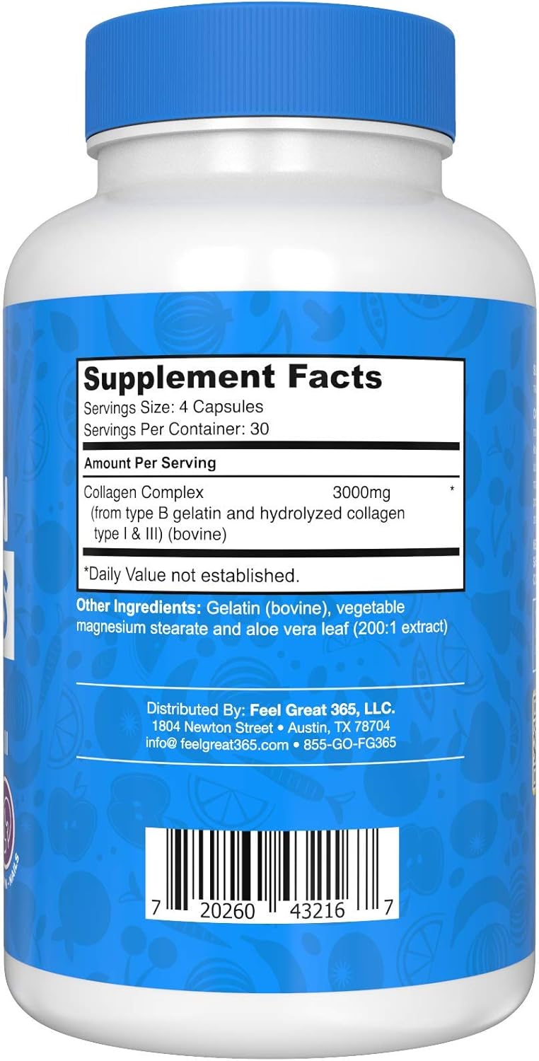 Feel Great Vitamin Co. Hydrolyzed Collagen Peptides Capsules (Type I & III) - Hair, Skin, and Nails Supplement - Wheat-Free, Keto, Paleo Friendly
