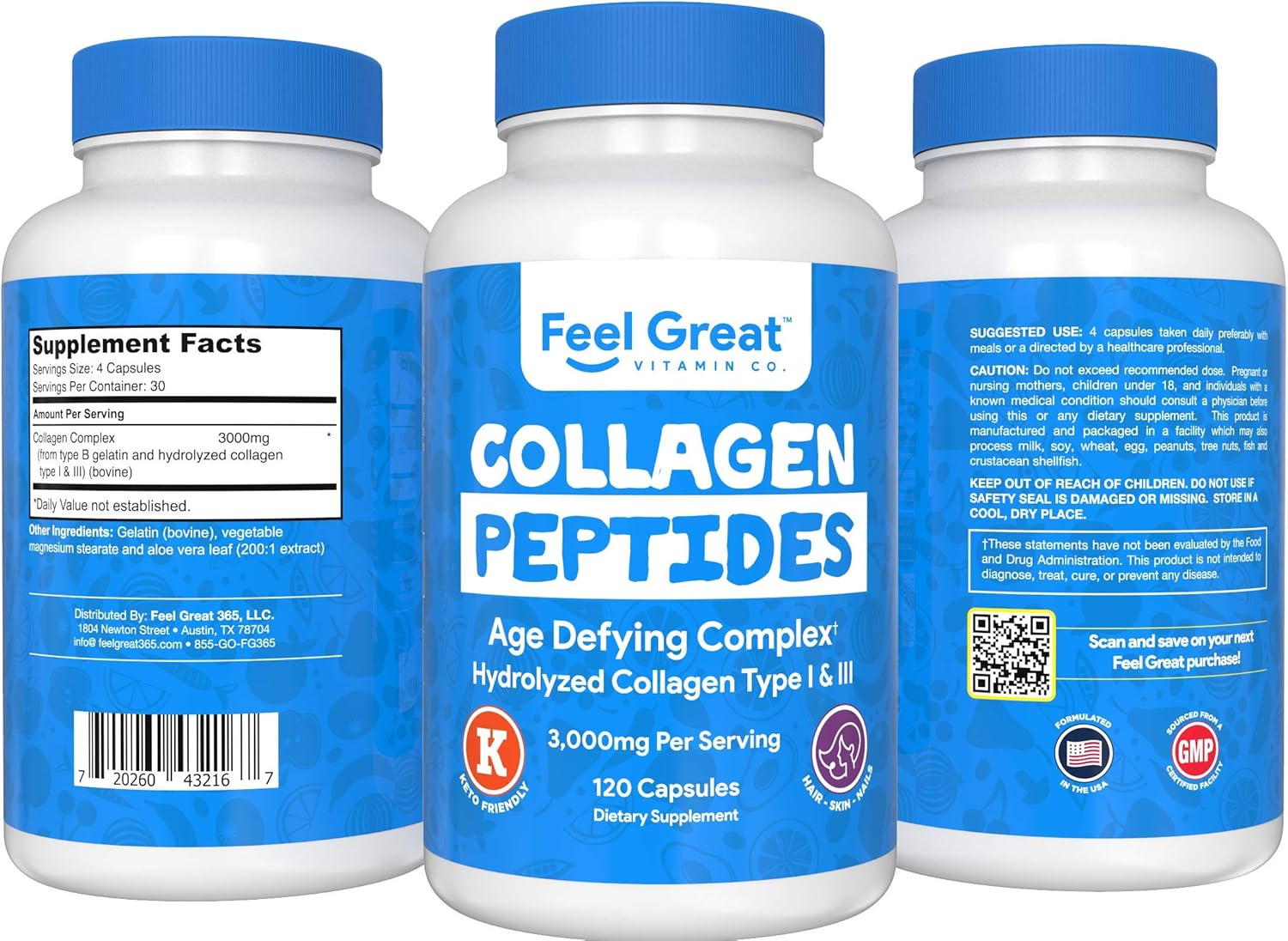 Feel Great Vitamin Co. Hydrolyzed Collagen Peptides Capsules (Type I & III) - Hair, Skin, and Nails Supplement - Wheat-Free, Keto, Paleo Friendly