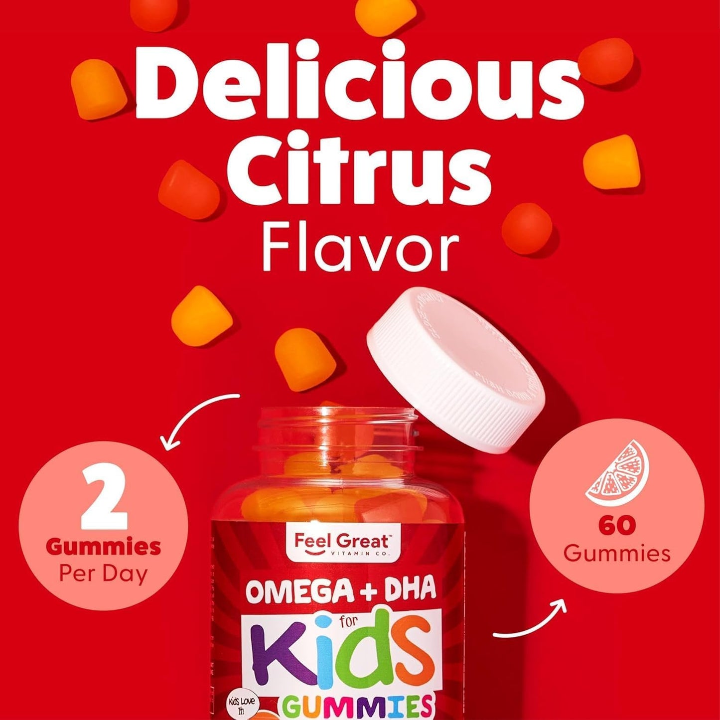 Feel Great Vitamins Kids DHA Omega Gummy Vitamins 4-Pack for Brain Health & Learning - Delicious Omega-3 Gummies for Growing Kids