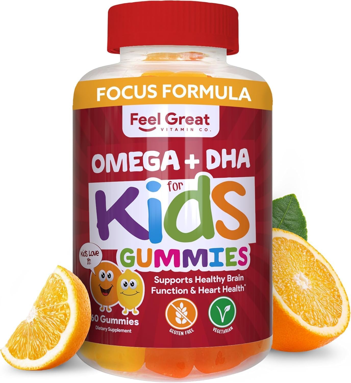 Feel Great Vitamins Kids DHA Omega Gummy Vitamins 4-Pack for Brain Health & Learning - Delicious Omega-3 Gummies for Growing Kids