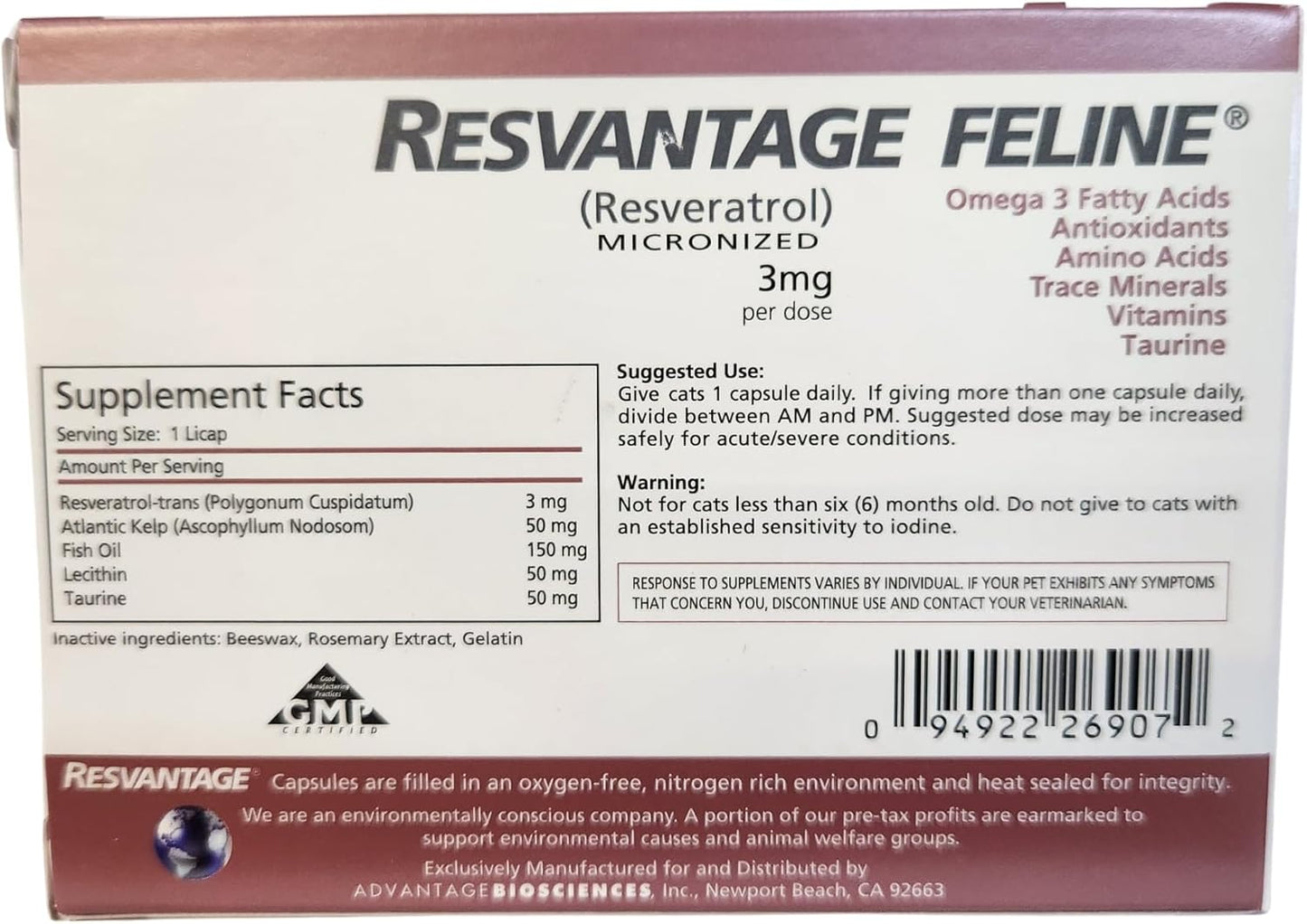 Feline Longevity Supplement with Resveratrol - 30 Capsules for Cats