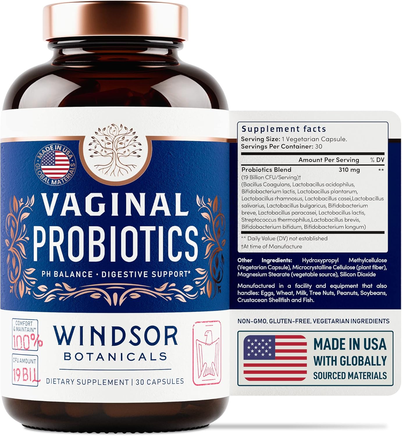 Feminine Balance Complex Probiotics for Women - 19Bil CFU Lactobacillus Salivarius - PH Balance, Digestive, Gut Health - BV Support - 30 Capsules