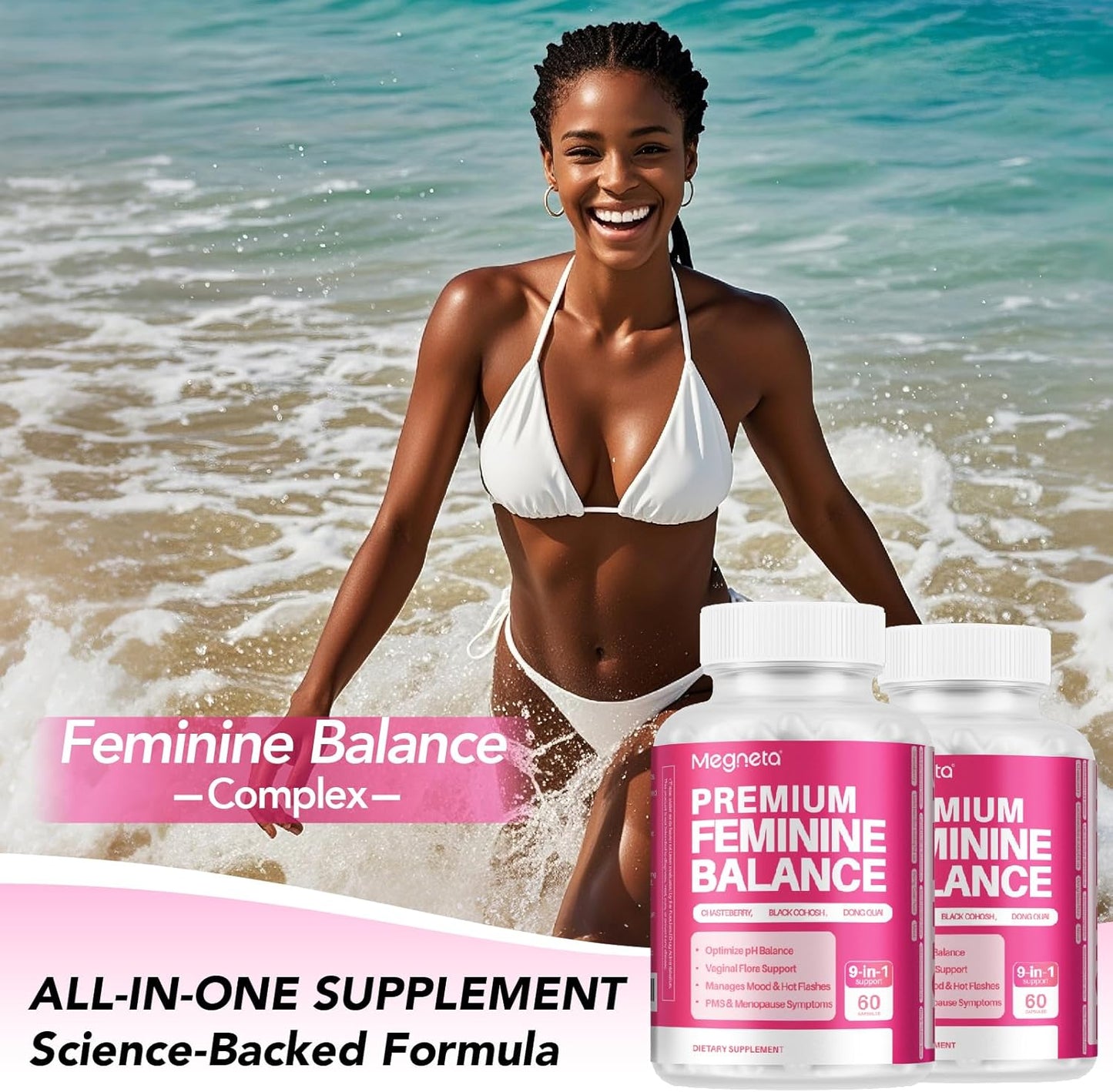 Feminine Balance Supplements for Women - Energy, Menopause & Hormone Health with Black Cohosh, Chasteberry, Probiotics - 60 Capsules