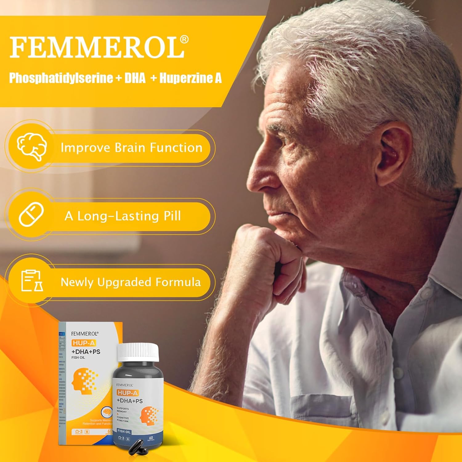 FEMMEROL Phosphatidylserine Omega 3 DHA Softgels with Huperzine A - Brain Health Support for Kids and Elderly - Cognitive Function Supplements