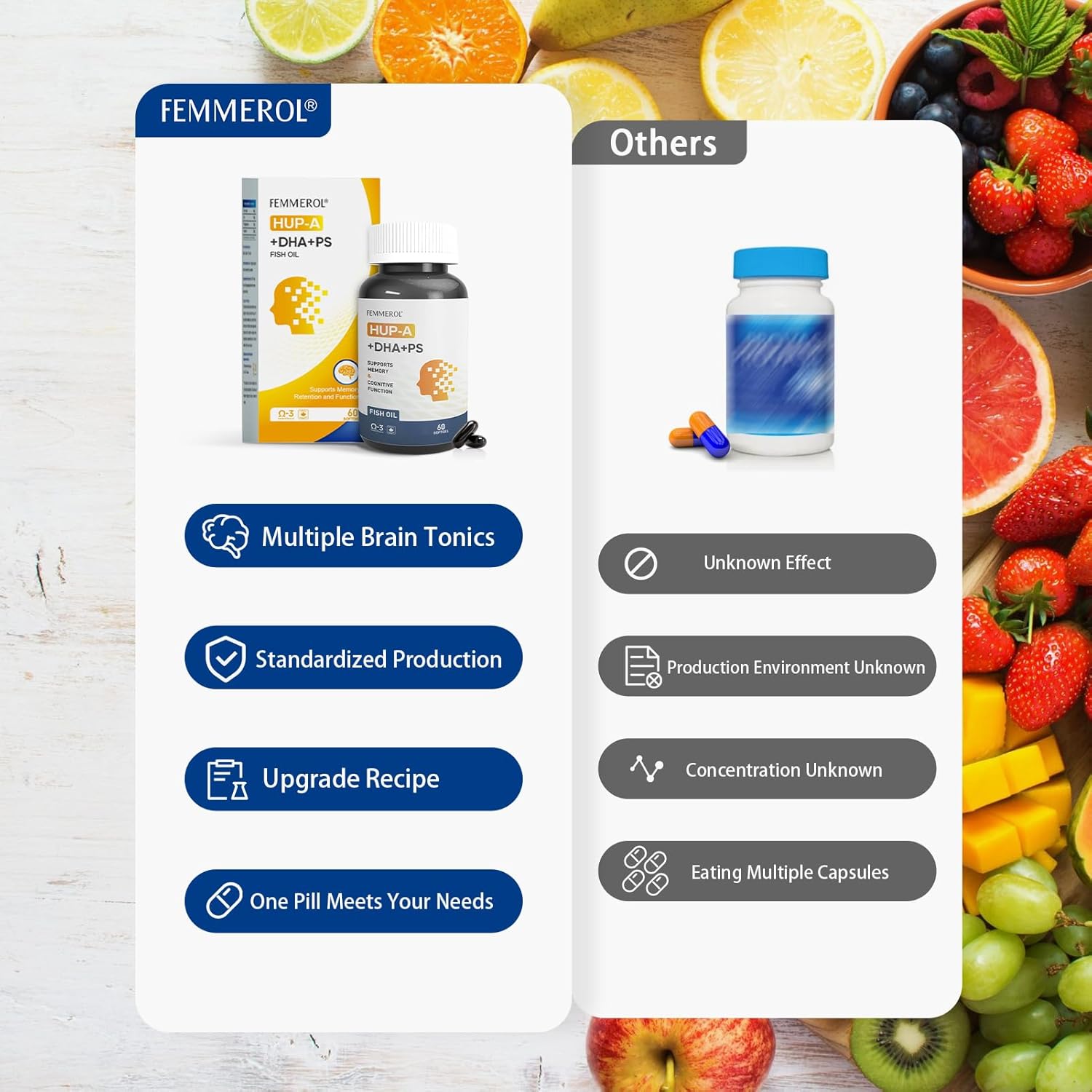 FEMMEROL Phosphatidylserine Omega 3 DHA Softgels with Huperzine A - Brain Health Support for Kids and Elderly - Cognitive Function Supplements