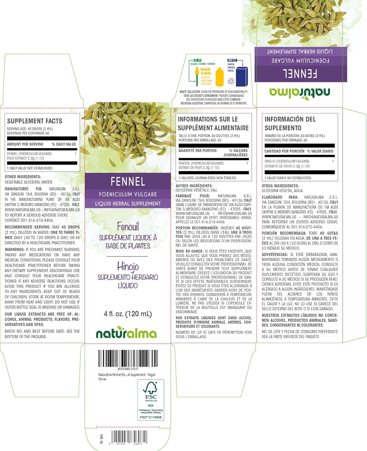 Fennel (Foeniculum vulgare) Fruit Alcohol-Free Tincture - 4 fl oz Liquid Extract - Herbal Vegan Supplement