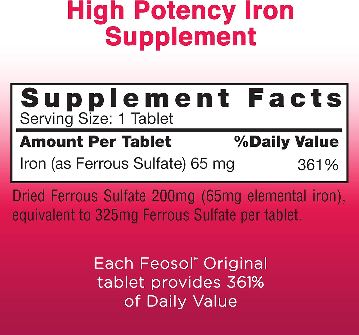 Feosol Original Iron Supplement Tablets - 325mg Ferrous Sulfate - Energy & Immune Support - 120ct - Made in USA