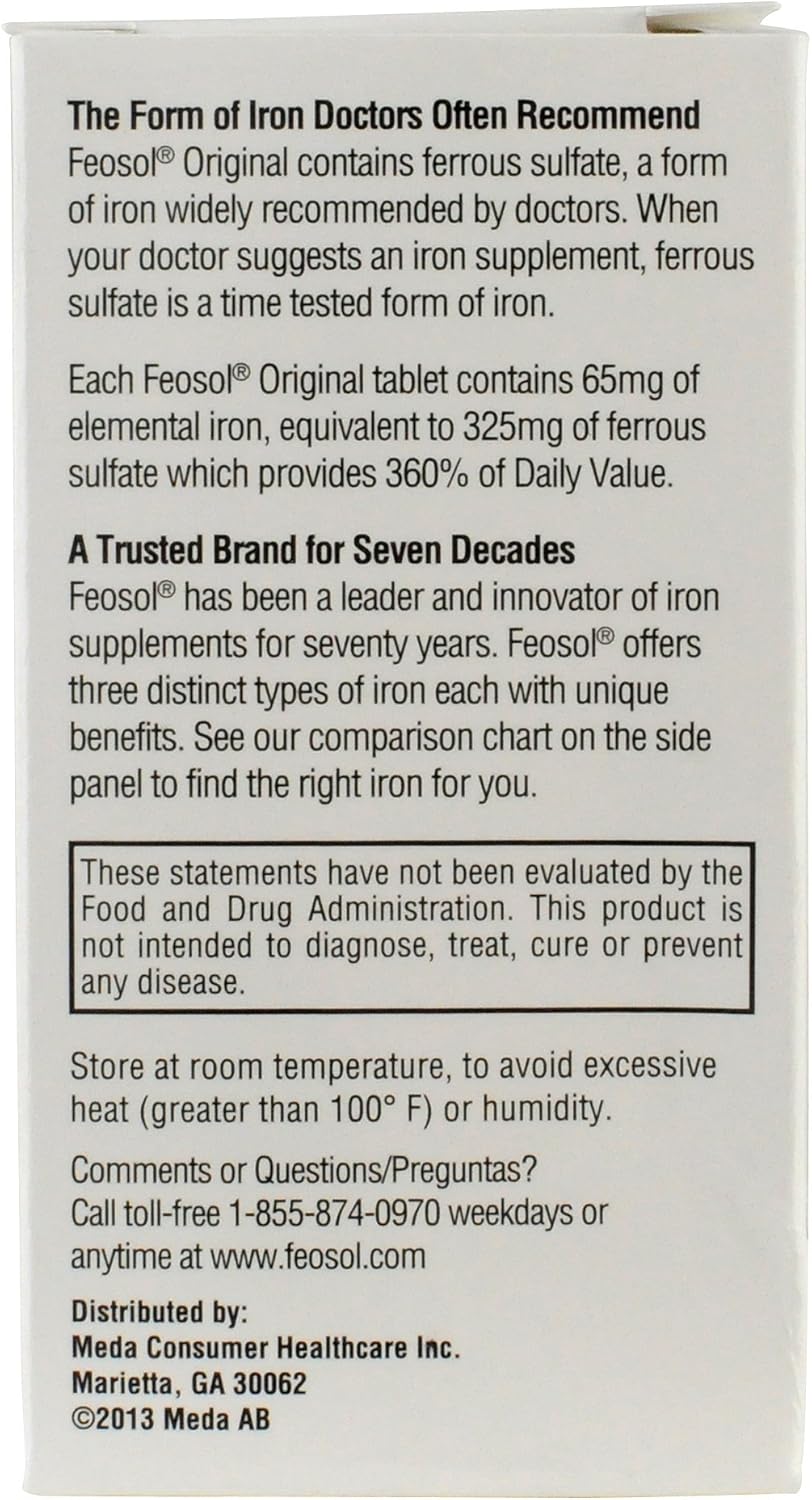 Feosol Original Iron Supplement Tablets - 325mg Ferrous Sulfate - Energy & Immune Support - 120ct - Made in USA