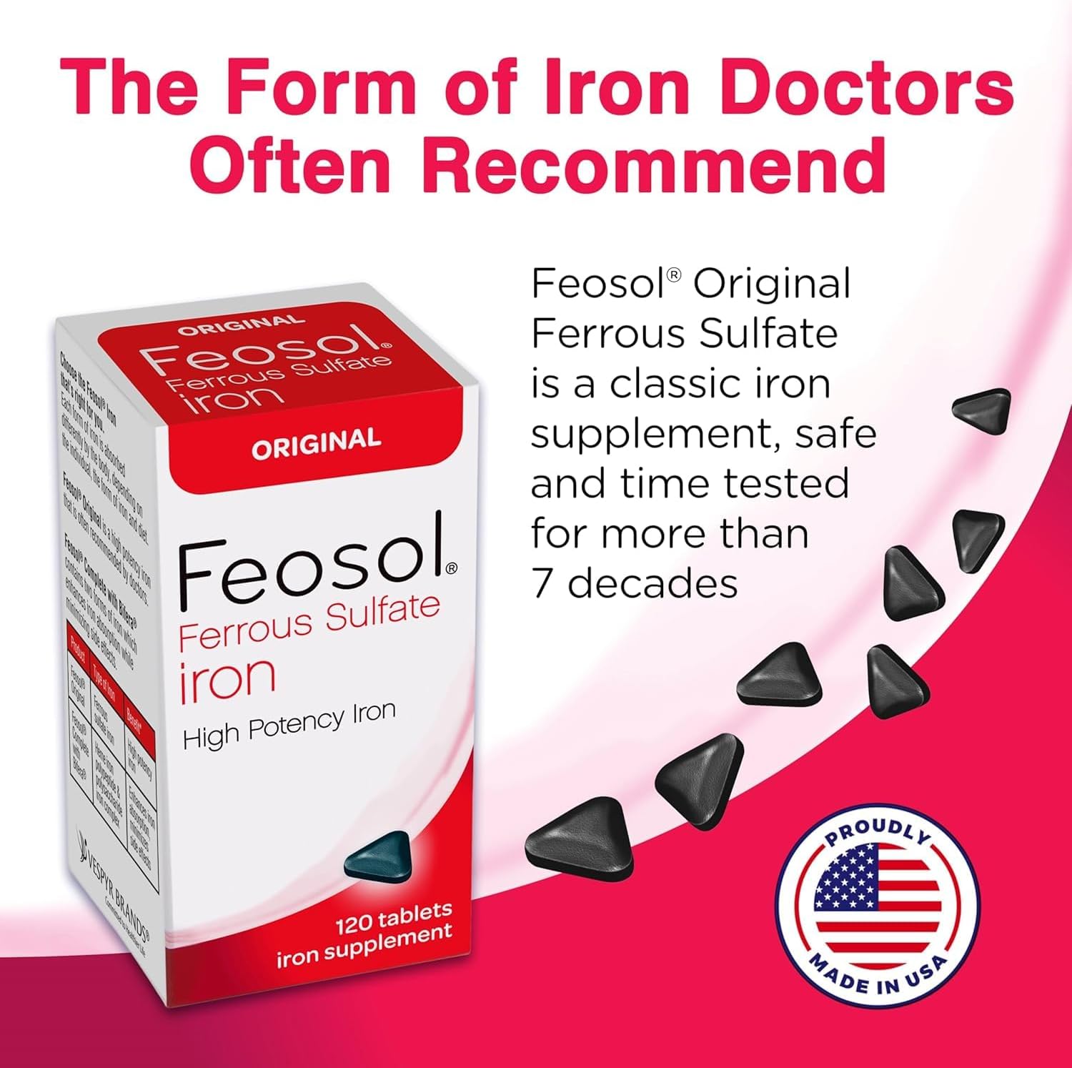Feosol Original Iron Supplement Tablets - Non-Heme 325mg Ferrous Sulfate - 4 Month Supply - Energy & Immune Support - 120 ct (Pack of 2)