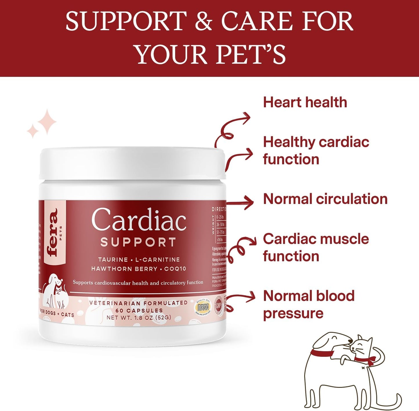 Fera Pet Organics Cardiac Supplement for Dogs & Cats - 60 Capsules - Vet Formulated for Cardiovascular Health - Taurine, CoQ10, Hawthorne Berry