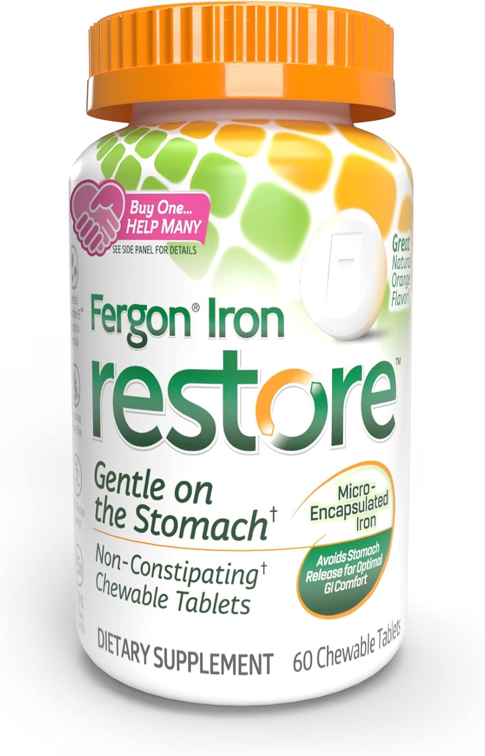 Fergon Chewable Iron Tablets - Non-Constipating, Gentle on Stomach - 27mg Iron for Energy Support - 60 Count