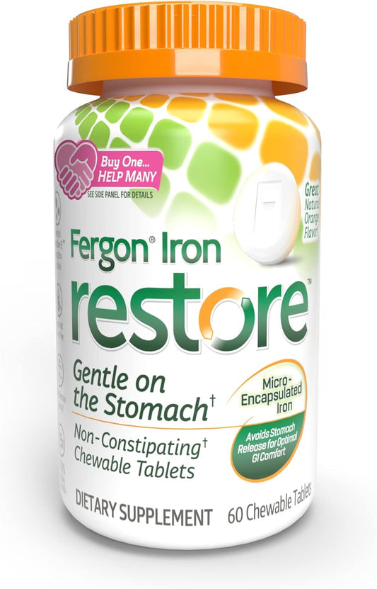 Fergon Chewable Iron Tablets - Non-Constipating, Gentle on Stomach - 27mg Iron for Energy Support - 60 Count
