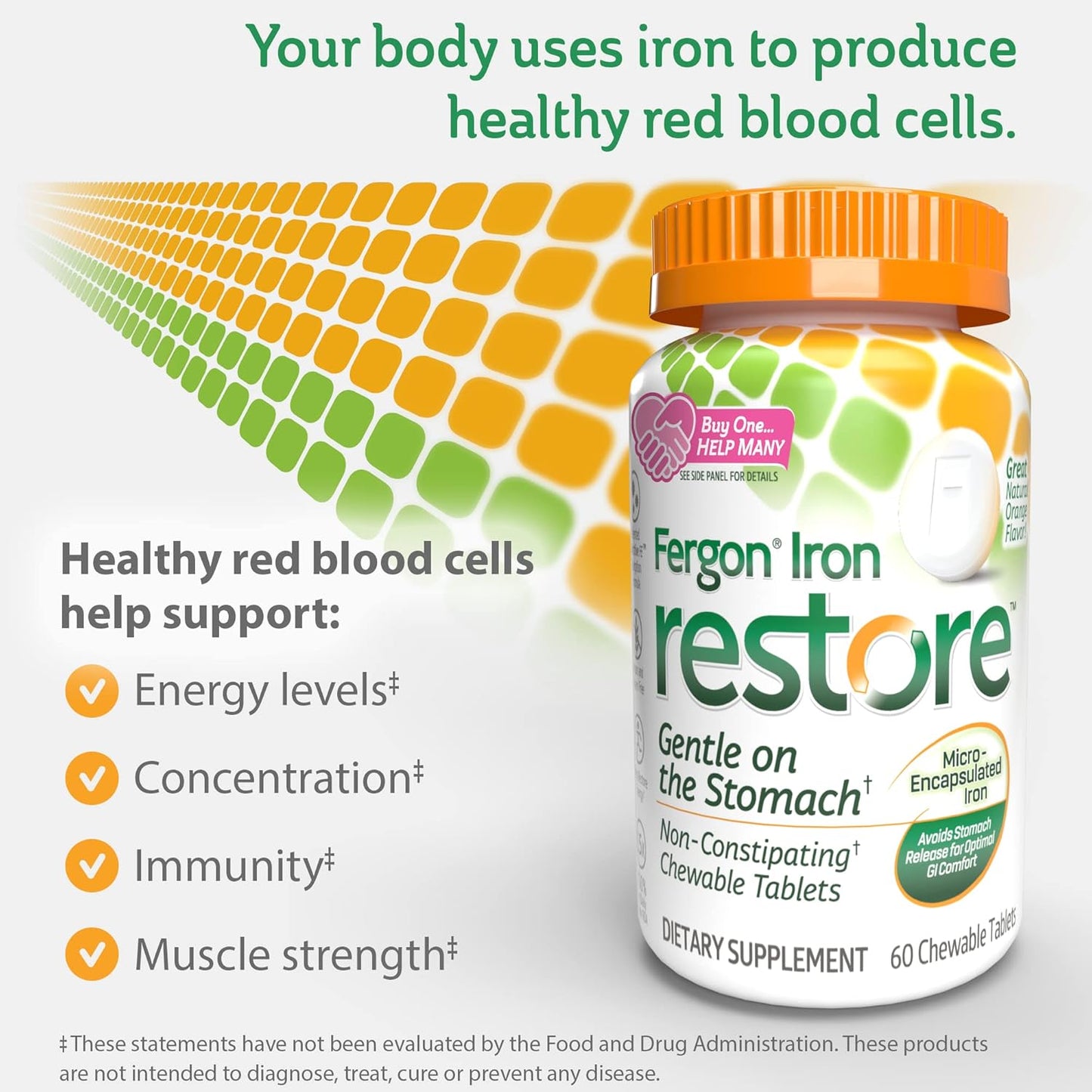 Fergon Chewable Iron Tablets - Non-Constipating, Gentle on Stomach - 27mg Iron for Energy Support - 60 Count
