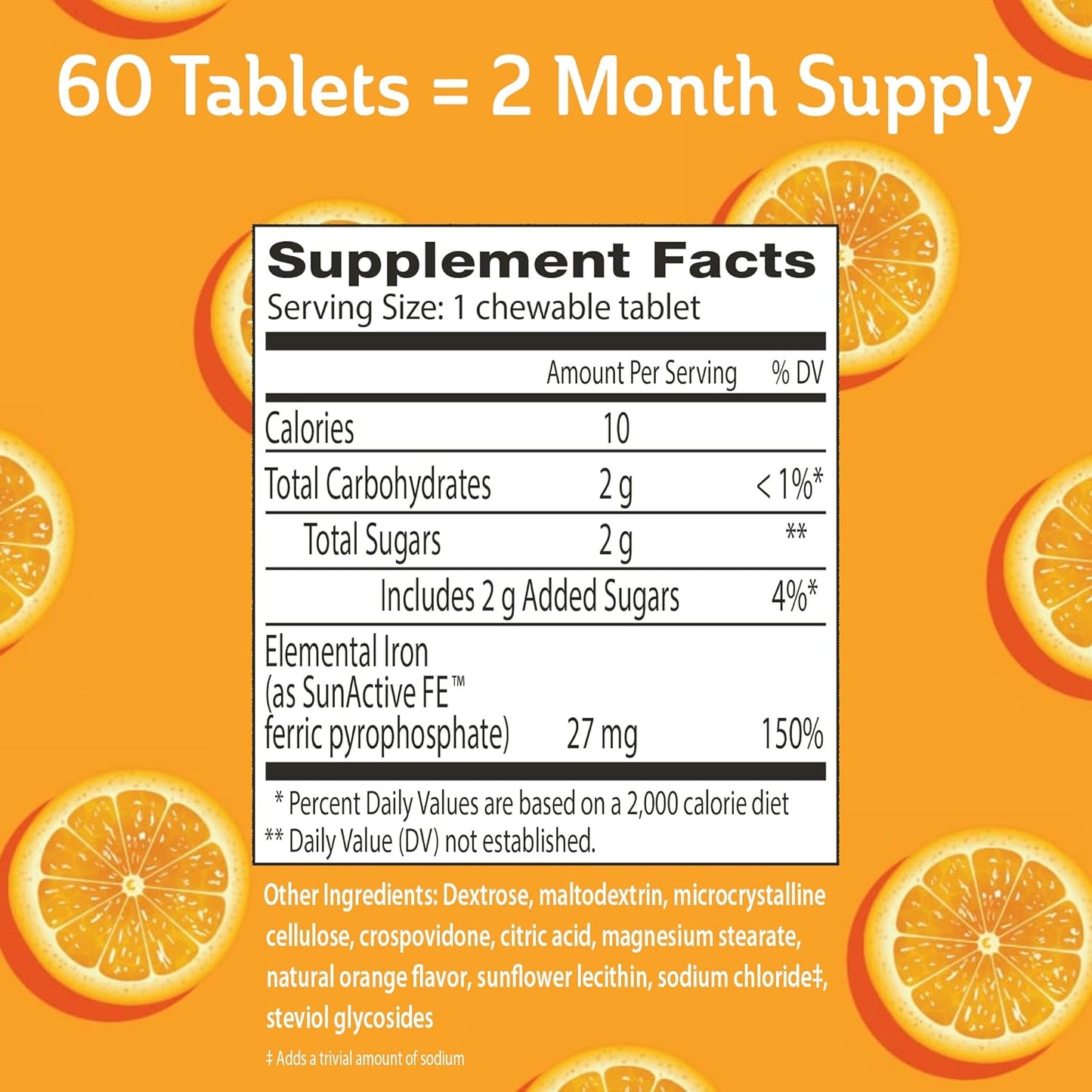 Fergon Chewable Iron Tablets - Non-Constipating, Gentle on Stomach - 27mg Iron for Energy Support - 60 Count