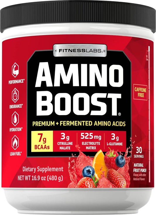 Fermented BCAA Powder Drink with Amino Boost - 7g BCAAs, 3g Citrulline Malate, 3g L-Glutamine - Muscle Building, Endurance, Recovery - Electrolytes for Hydration - 30 Servings, Fruit Punch Flavor