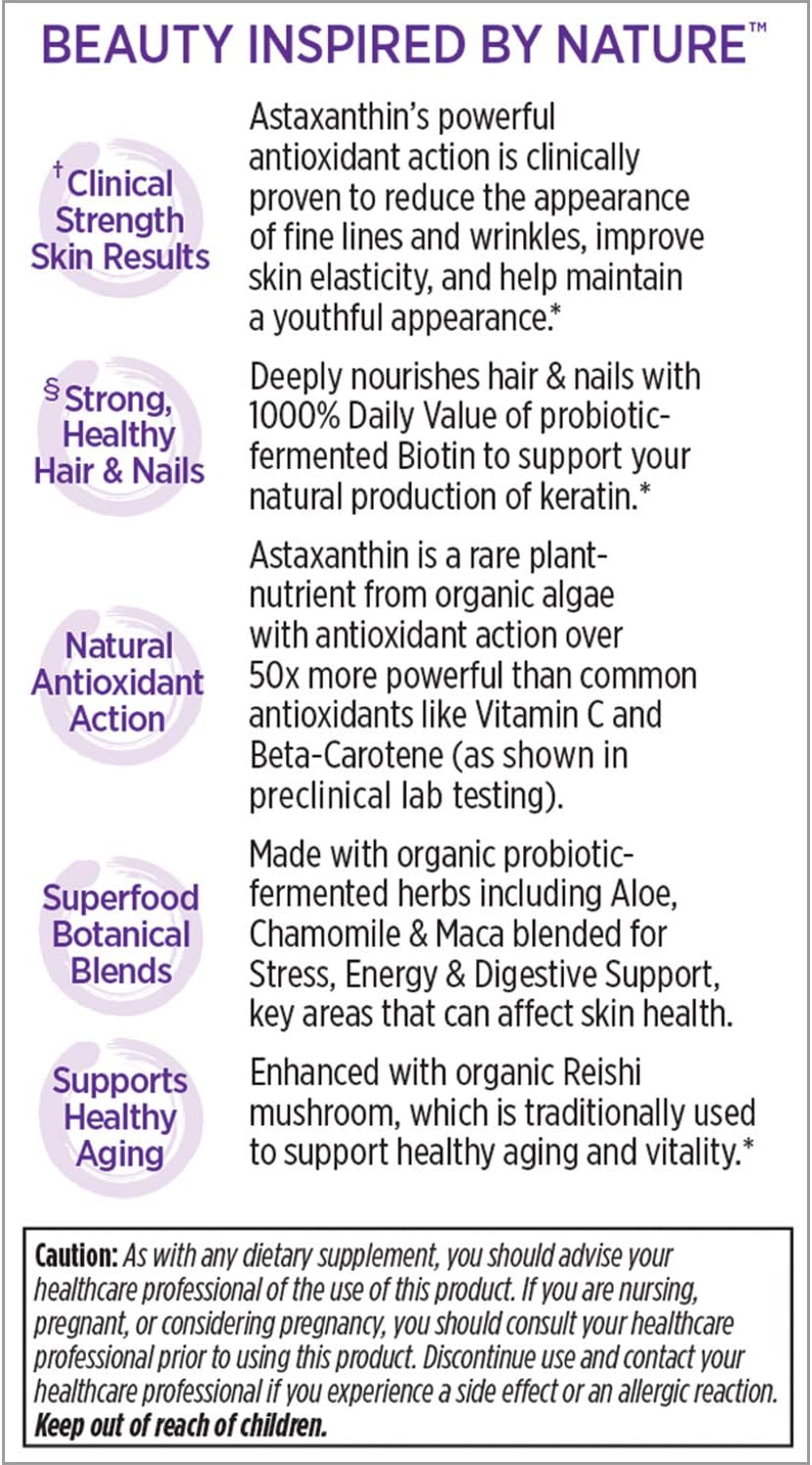 Fermented Biotin & Astaxanthin Hair Skin Nails Vitamins, Vegetarian Capsules - 30 Count