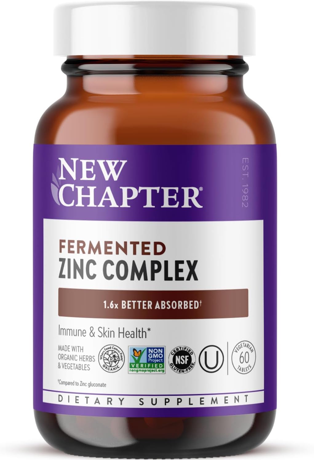 Fermented Zinc Complex Supplement for Immune Support & Skin Health, Mineral-Balancing Formula with Copper, Easy-to-Swallow, 60 Count