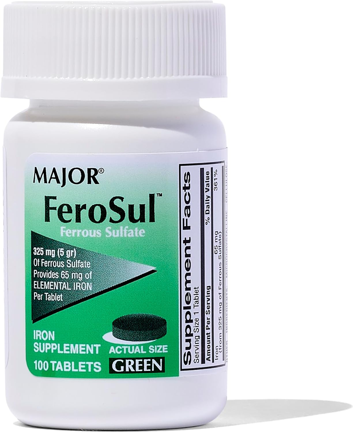 Ferosul Ferrous Sulfate 325mg Tablets with 65mg Iron - Iron Supplement for Men and Women - 100 Tablets - Green Color