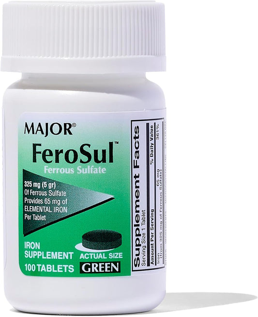 Ferosul Ferrous Sulfate 325mg Tablets with 65mg Iron - Iron Supplement for Men and Women - 100 Tablets - Green Color