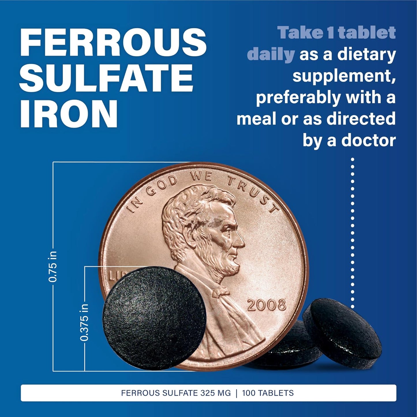 Ferosul Ferrous Sulfate 325mg Tablets with 65mg Iron - Iron Supplement for Men and Women - 100 Tablets - Green Color