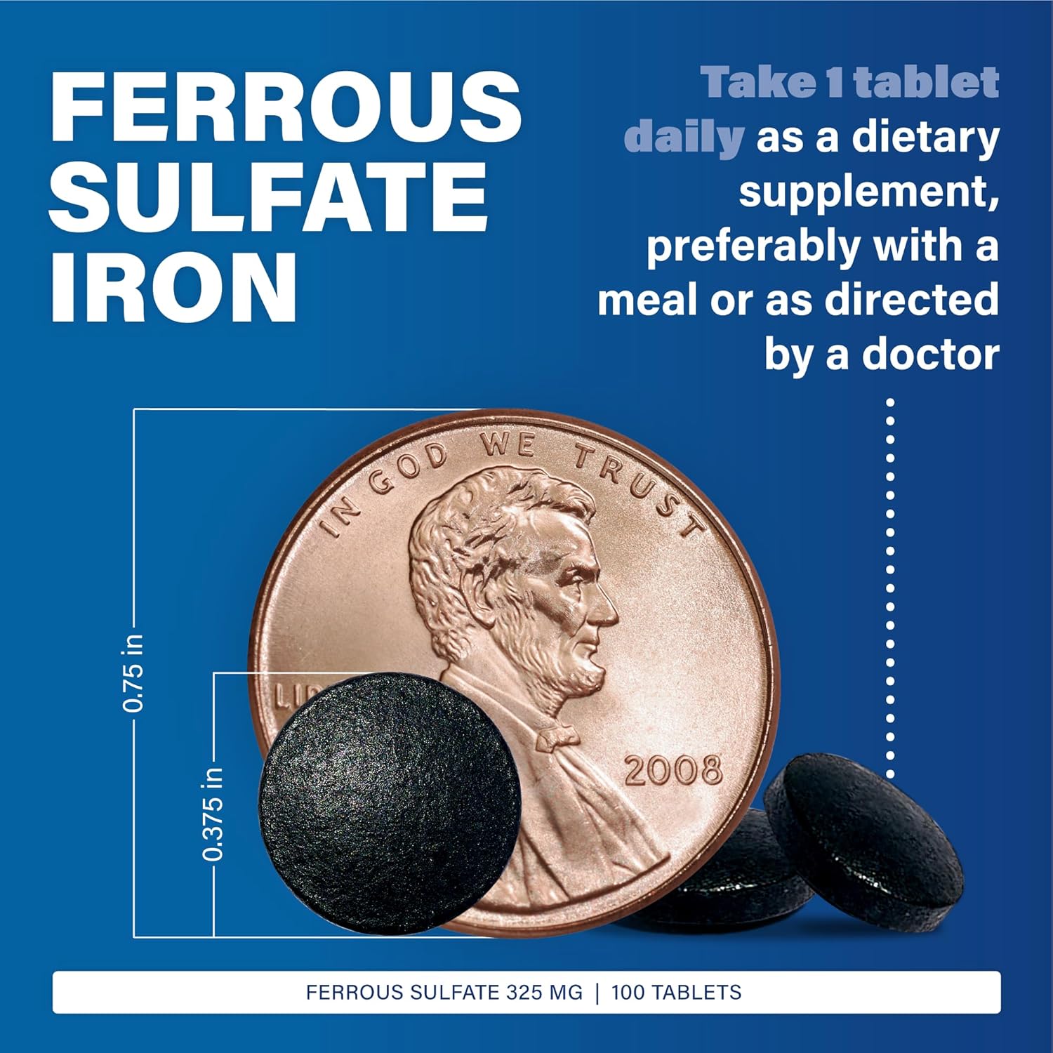 Ferosul Ferrous Sulfate 325mg Tablets with 65mg Iron - Iron Supplement for Men and Women - 100 Tablets - Green Color