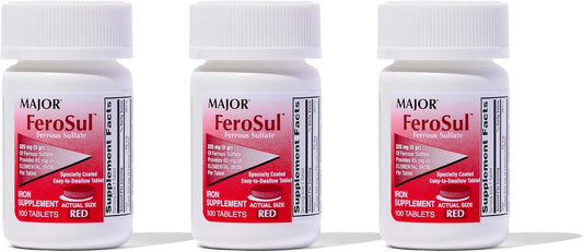 Ferosul Ferrous Sulfate Tablets, 325mg with 65mg Iron, Women Men Iron Supplement, Red, 100 Tablets (3 Pack)