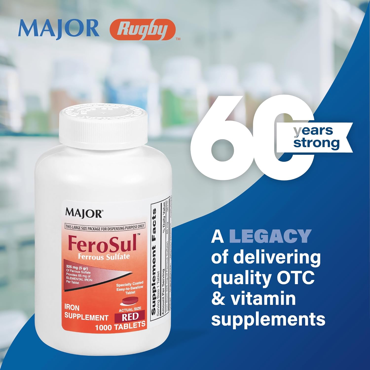 FeroSul Iron Supplement 325mg Tablets for Women and Men - Coated Easy-to-Swallow Tablets - Red - 1000 Tablets