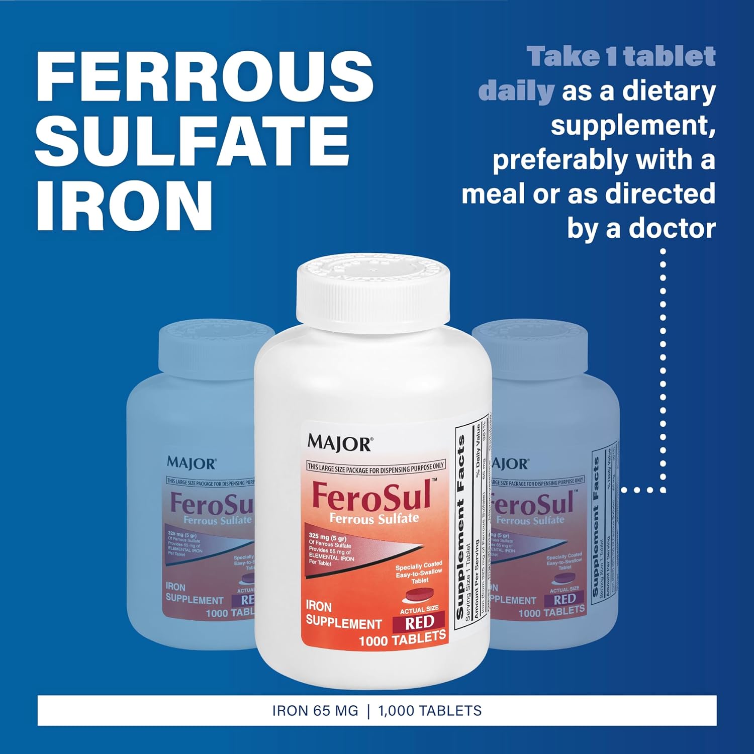 FeroSul Iron Supplement 325mg Tablets for Women and Men - Coated Easy-to-Swallow Tablets - Red - 1000 Tablets