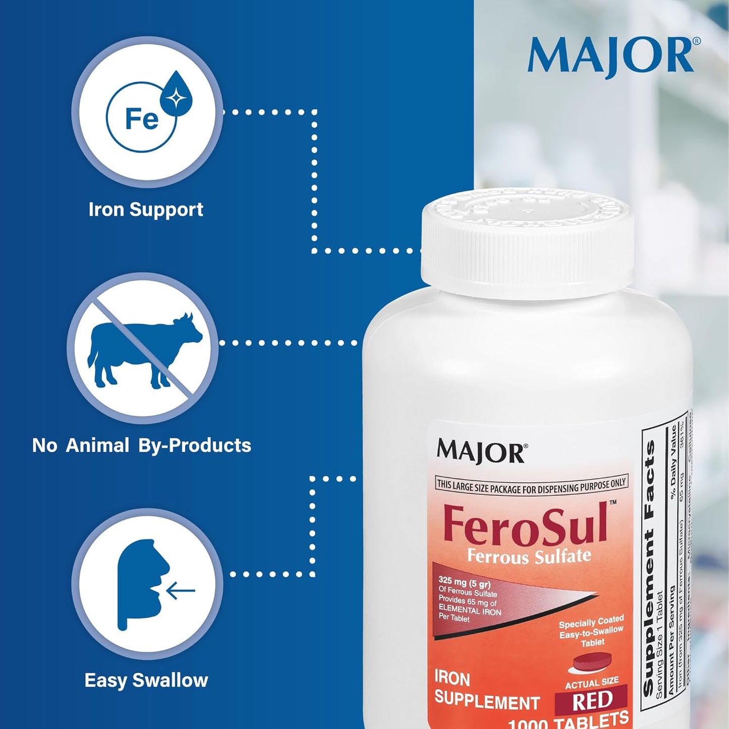 FeroSul Iron Supplement 325mg Tablets for Women and Men - Coated Easy-to-Swallow Tablets - Red - 1000 Tablets