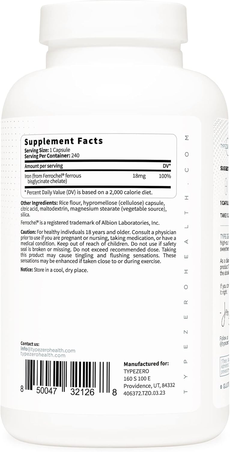 Ferrochel Type Zero Iron Chelate Capsules - 18 MG, 240 Capsules - Non-GMO, Gluten Free