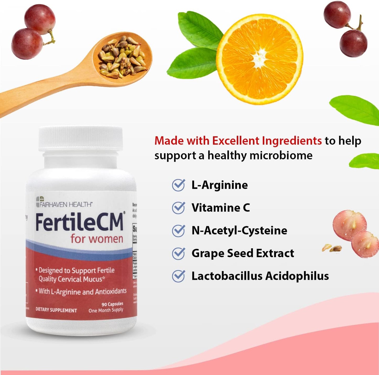 FertileCM Fertility Supplement for Women - Improve Fertile Cervical Mucus and Ovulation with L-Arginine, N-Acetyl-Cysteine, Grape Seed Extract and Vitamin C - 90 Capsules