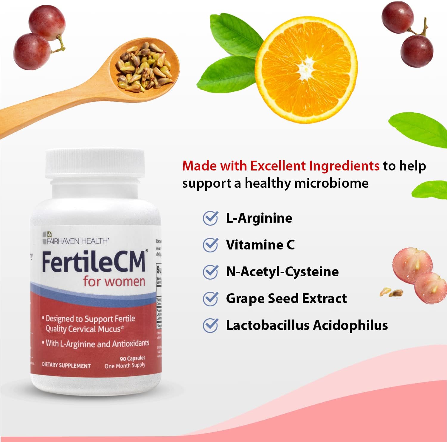 FertileCM Fertility Supplement for Women - Improve Fertile Cervical Mucus and Ovulation with L-Arginine, N-Acetyl-Cysteine, Grape Seed Extract and Vitamin C - 90 Capsules