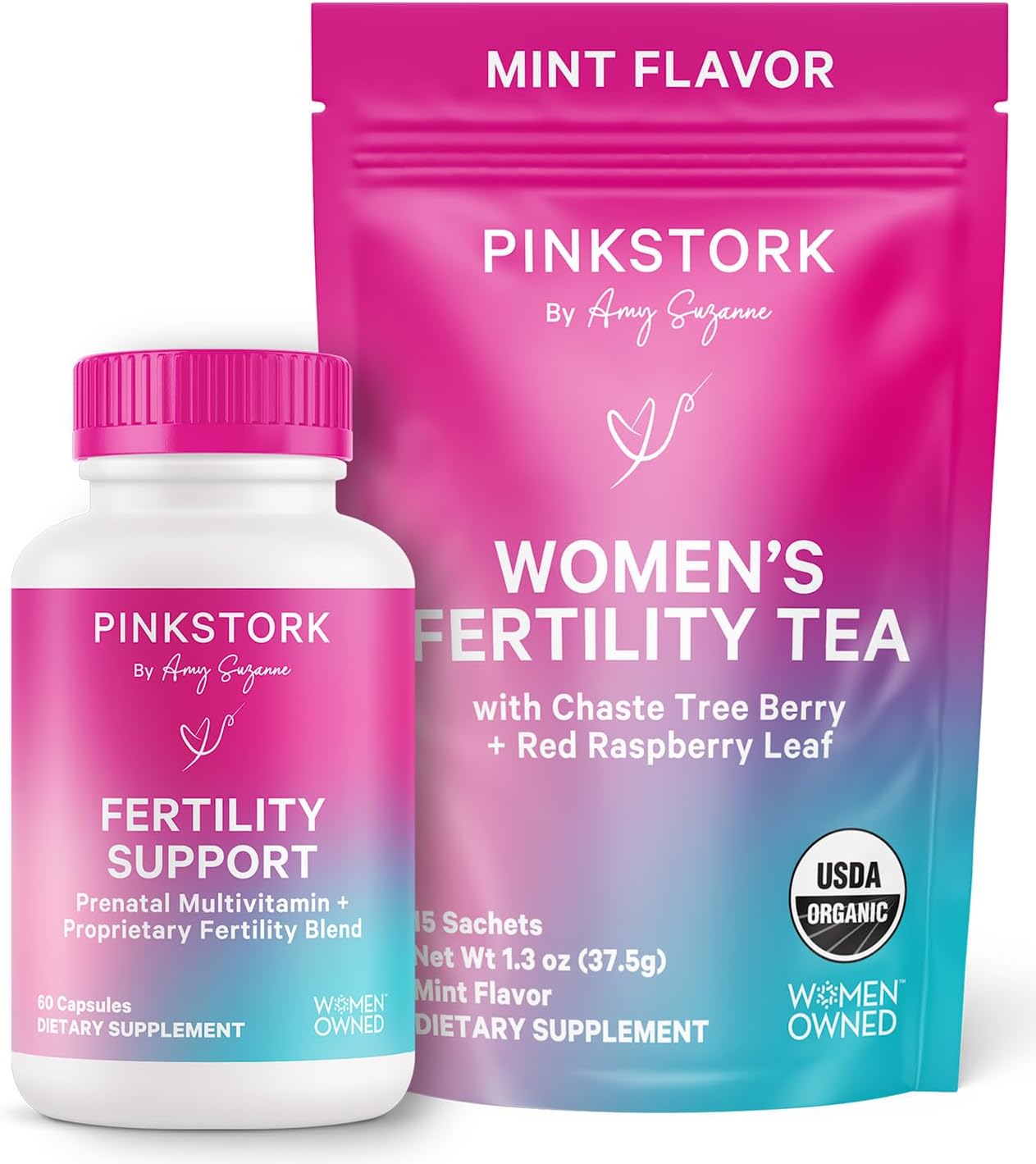 Fertility Bundle: Pink Stork Conception Tea & Supplements for Women - Prenatal Vitamins with Ashwagandha, Inositol, Vitex, Folate - Hormone Balance Support, 2 Pack