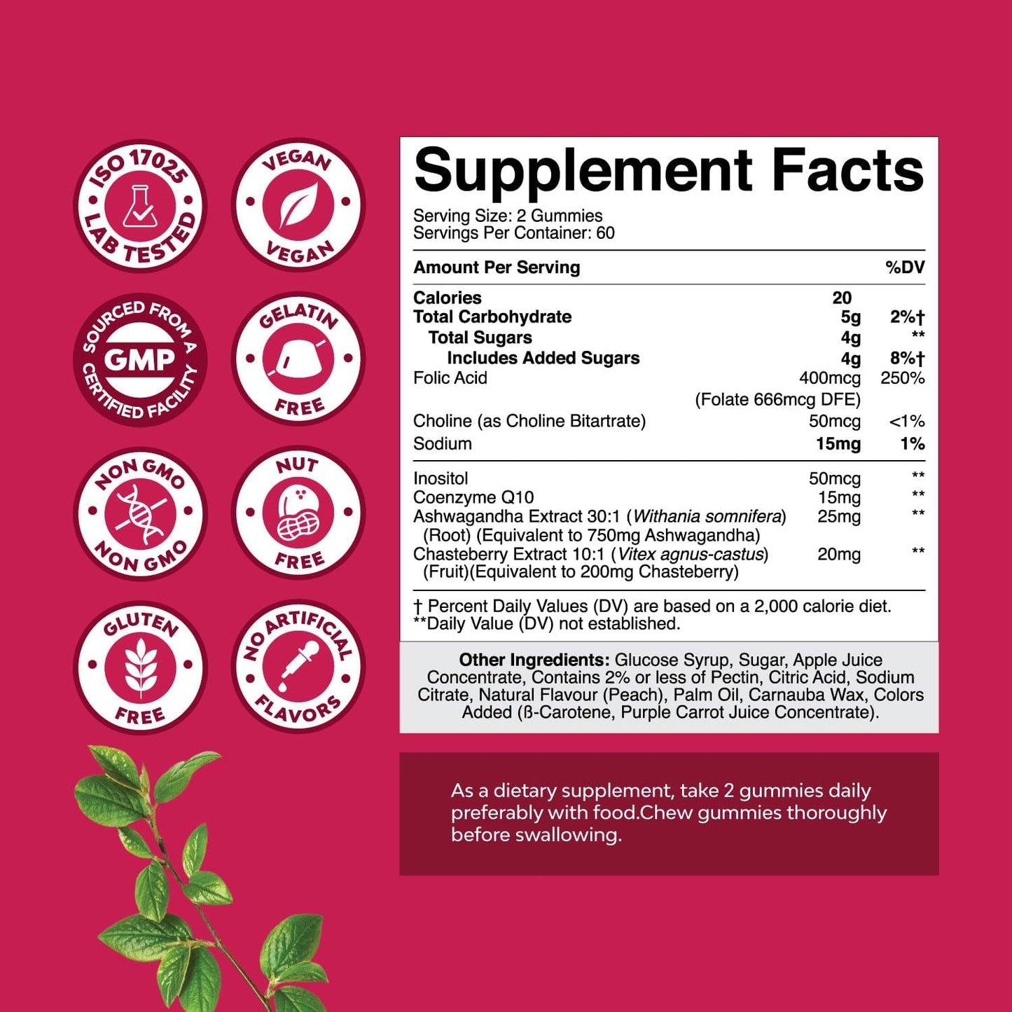Fertility Gummies for Women - Myo-Inositol, Folic Acid & Vitex Chasteberry - Vegan & Gluten Free - Juicy Peach Flavor (60 Servings)