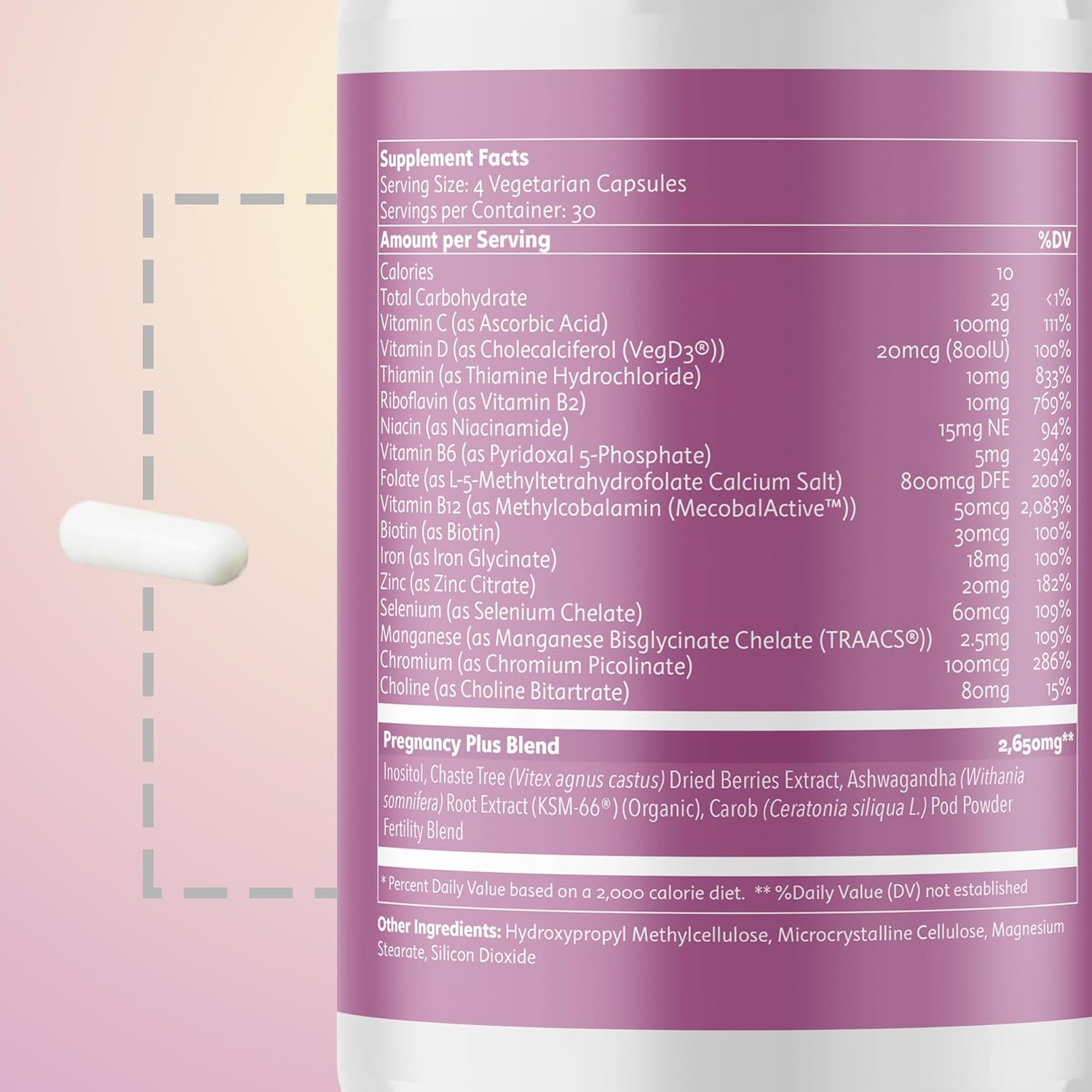 Fertility Support Supplement for Women – Promescent Prenatal Vitamins with Folic Acid, Iron, Vitamin C/D/B6/B12, Zinc, Selenium & Ashwagandha, 120 Capsules