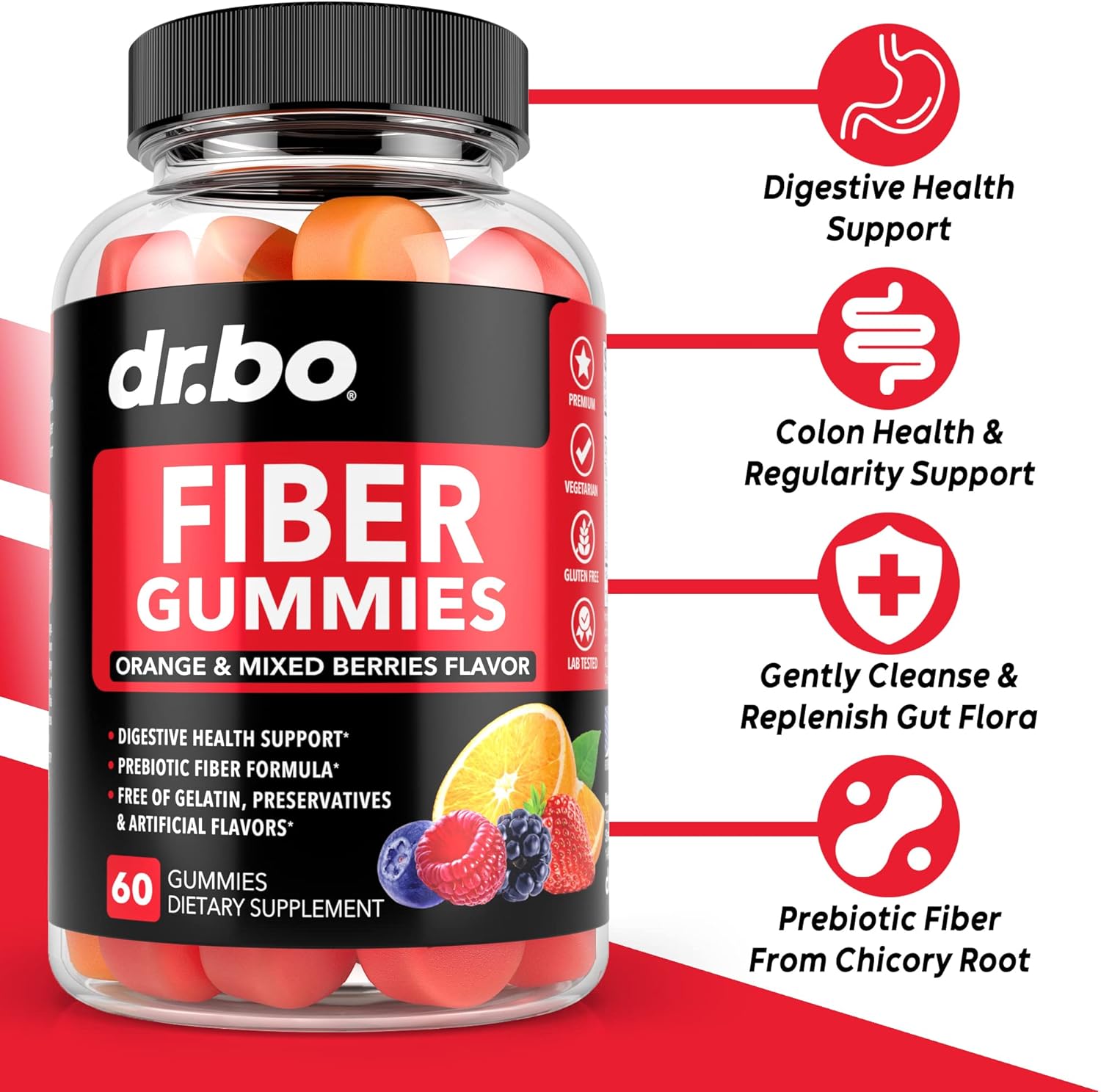 Fiber Gummies for Adults & Kids - Tasty Prebiotic Supplement for Digestive Health - High Inulin Prebiotics - 60 Chewable Gummies