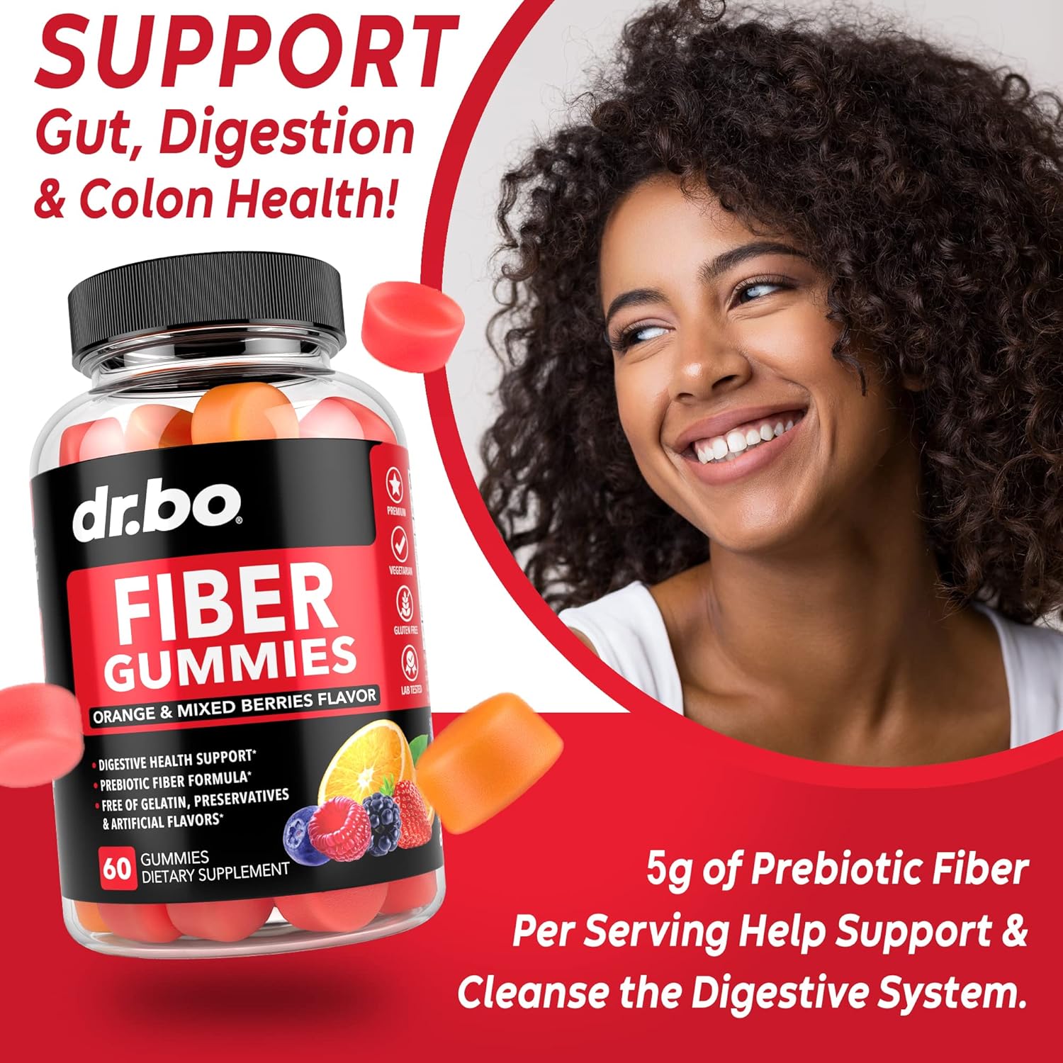 Fiber Gummies for Adults & Kids - Tasty Prebiotic Supplement for Digestive Health - High Inulin Prebiotics - 60 Chewable Gummies