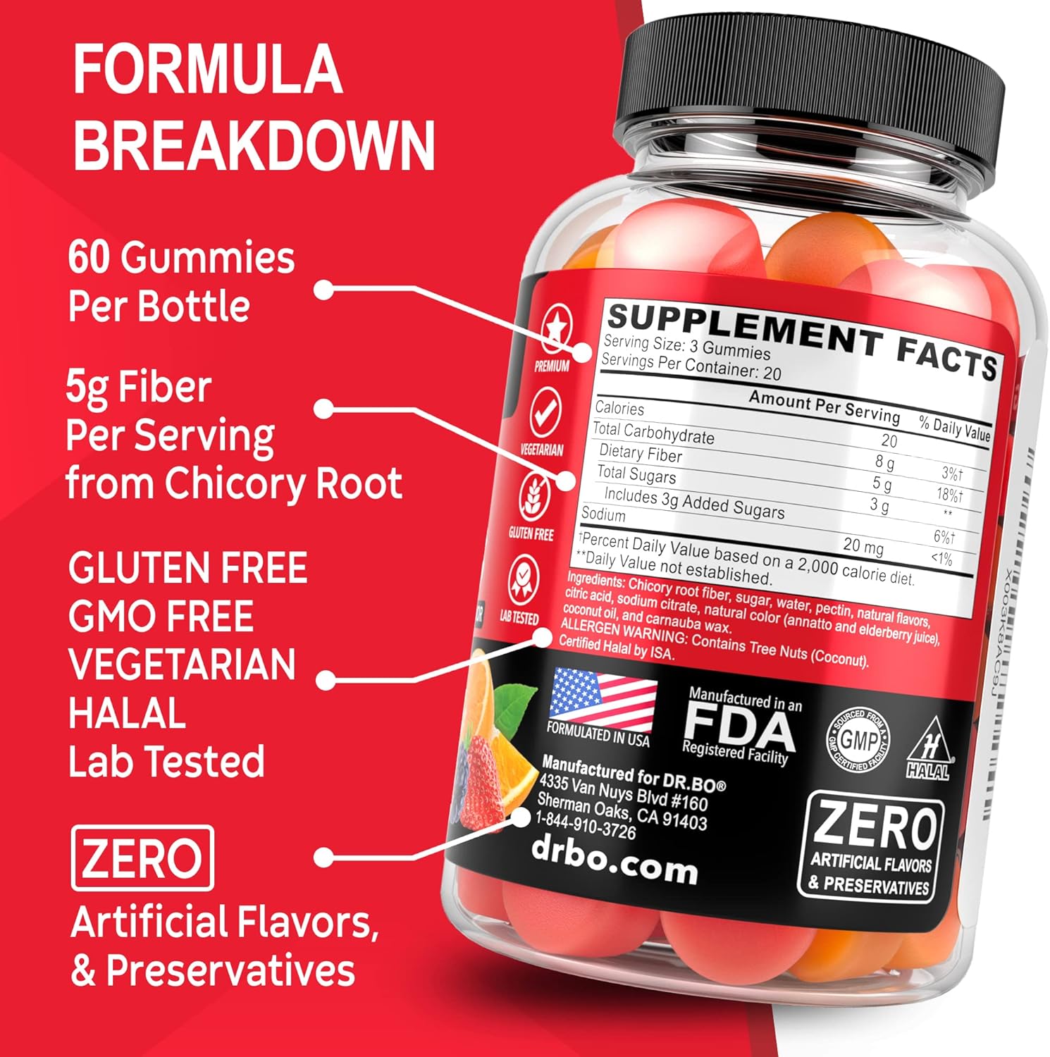 Fiber Gummies for Adults & Kids - Tasty Prebiotic Supplement for Digestive Health - High Inulin Prebiotics - 60 Chewable Gummies