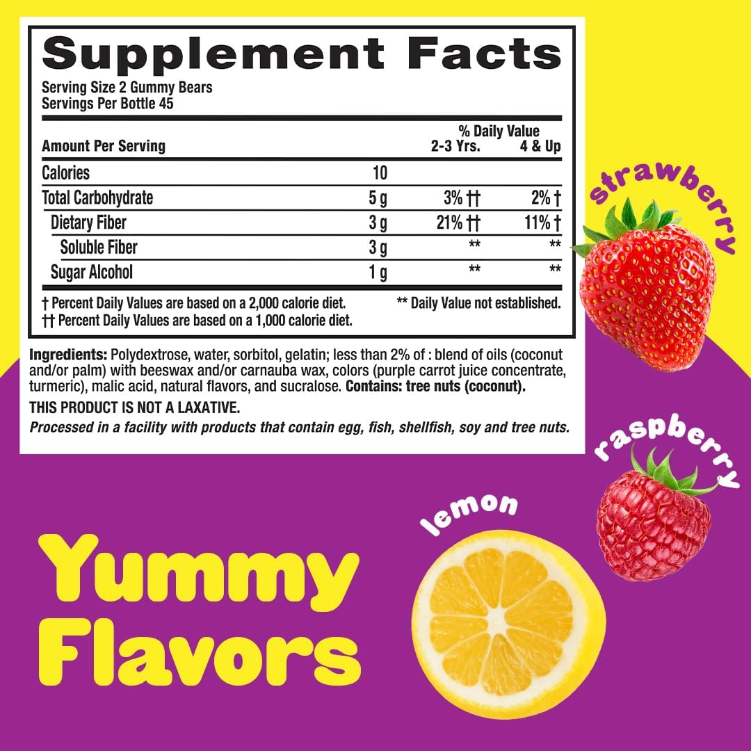 Fiber Gummy Supplements for Kids with Digestive Support - 90 Count, Peach, Strawberry, BlackBerry Flavored, Sugar Free