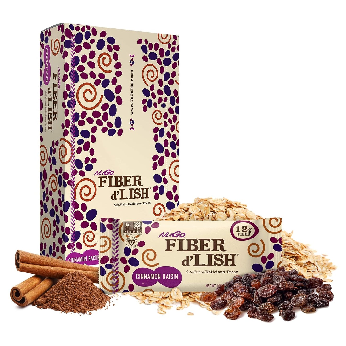 Fiber-Rich NuGO Cinnamon Raisin Bars - Vegan, 150 Calories, 16 Count Pack
