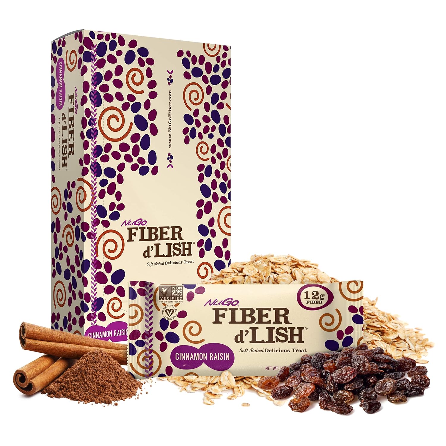Fiber-Rich NuGO Cinnamon Raisin Bars - Vegan, 150 Calories, 16 Count Pack