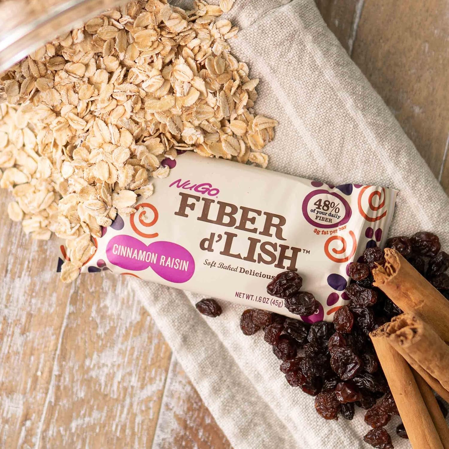 Fiber-Rich NuGO Cinnamon Raisin Bars - Vegan, 150 Calories, 16 Count Pack