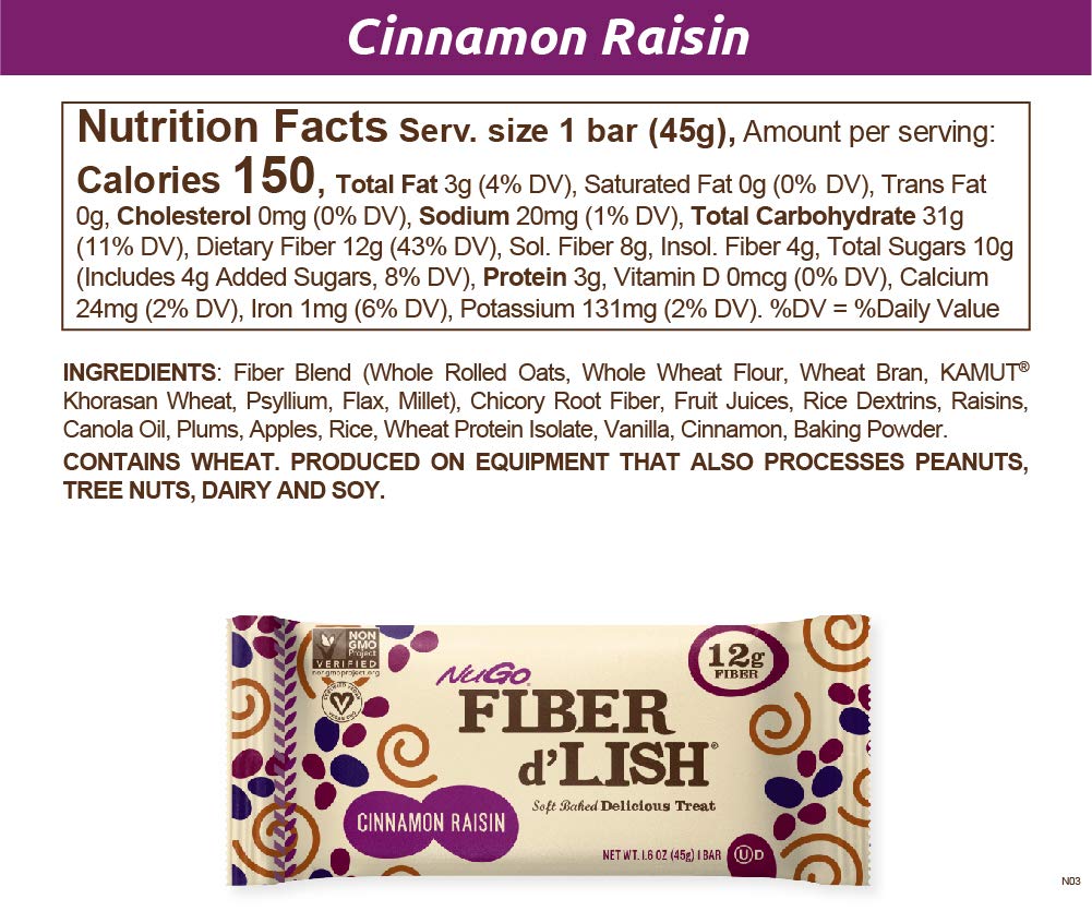 Fiber-Rich NuGO Cinnamon Raisin Bars - Vegan, 150 Calories, 16 Count Pack