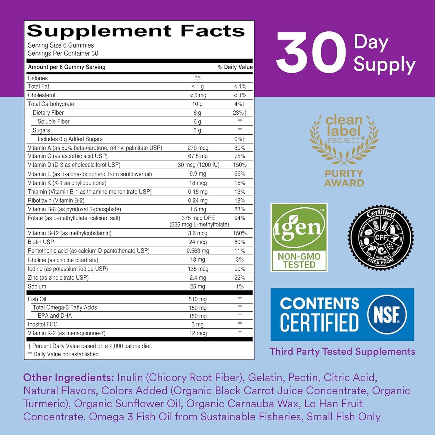 Fiber Supplement & Multivitamin Gummies for Men & Women with Vitamin D3, C, B12, B6, A, K, Zinc, Omega 3 Fish Oil, Biotin - 180 Count
