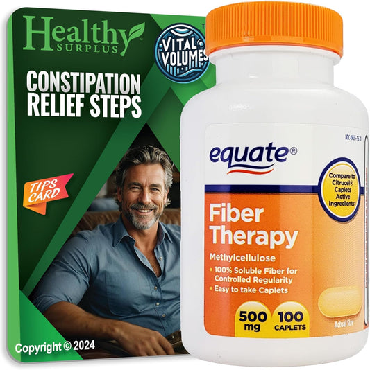 Fiber Therapy Methylcellulose Caplets 500mg - 100 Count with Vital Volumes Tips Card Bundle for Healthy Digestion