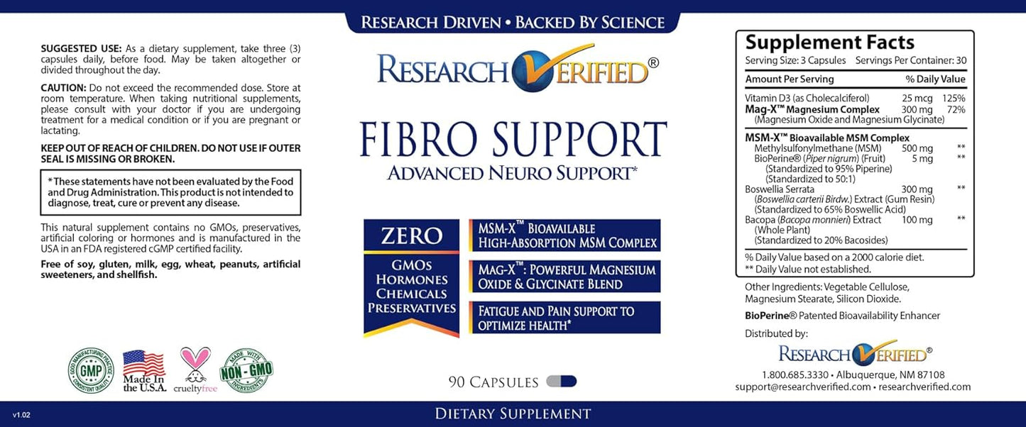 Fibro Support Supplement with MSM, Magnesium, Vitamin D3, BioPerine - 270 Capsules - Vegan - 3 Month Supply