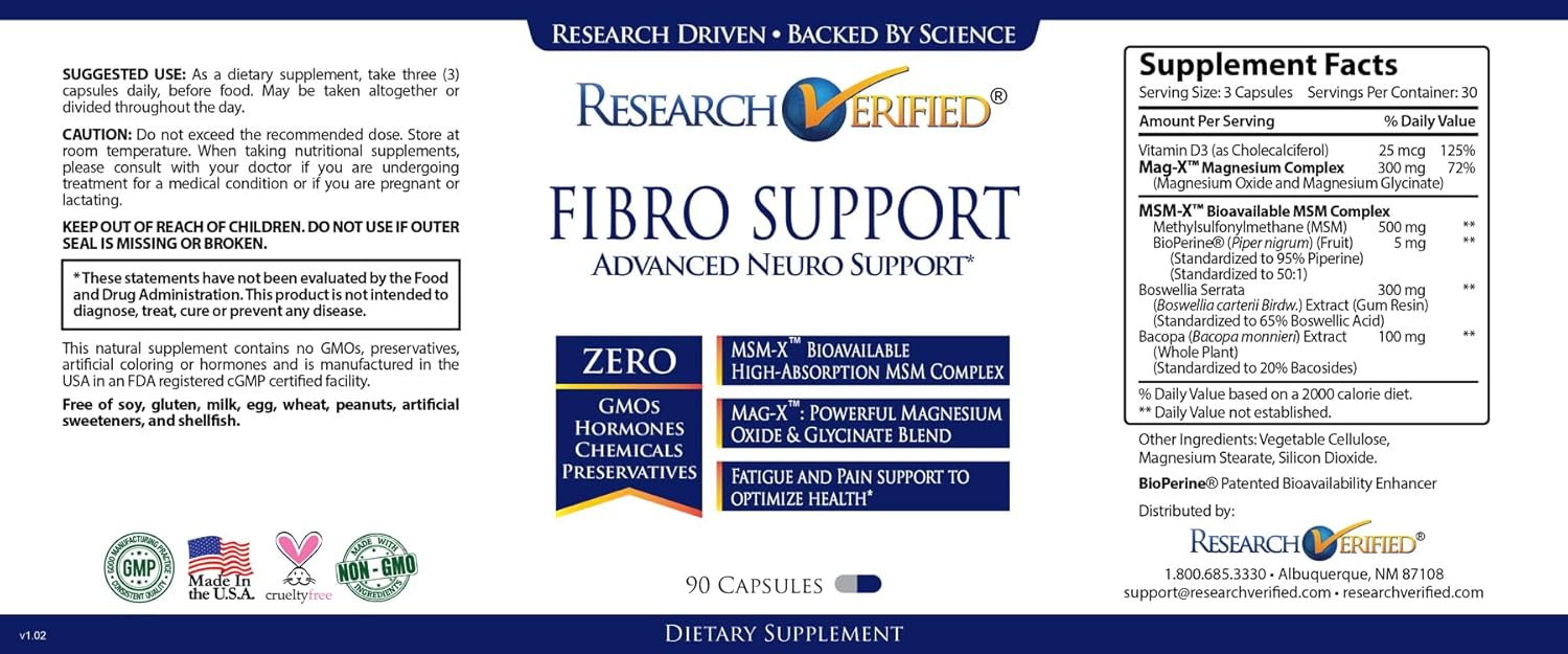 Fibro Support Supplement with MSM, Magnesium, Vitamin D3, BioPerine - 270 Capsules - Vegan - 3 Month Supply