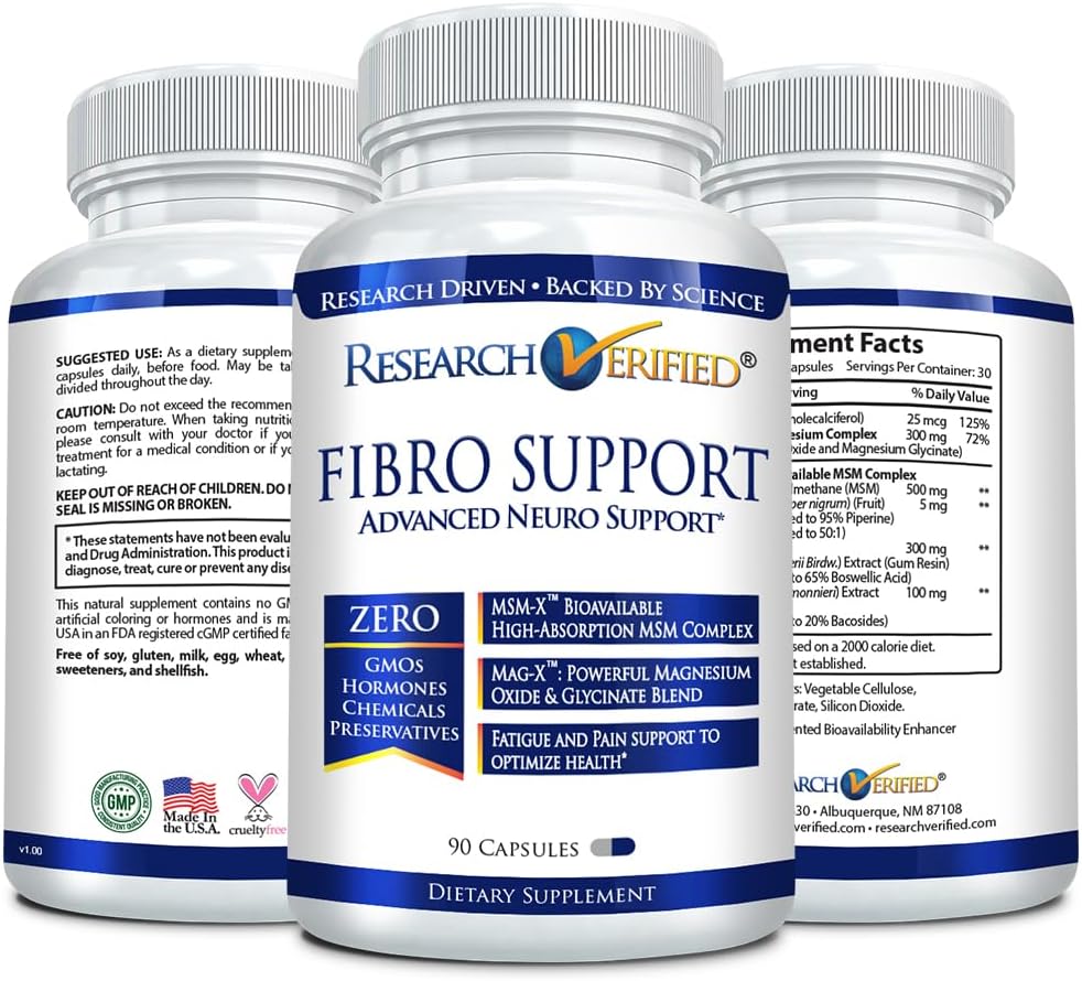 Fibro Support Supplement with MSM, Magnesium, Vitamin D3, BioPerine - 270 Capsules - Vegan - 3 Month Supply