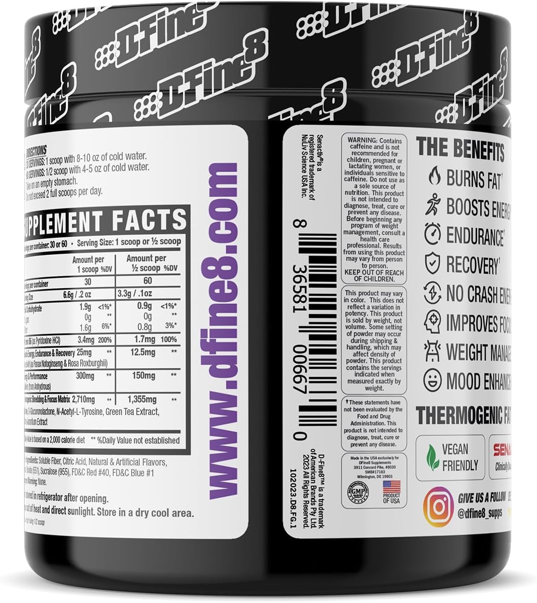 Fierce Grape D-Fine8 Thermogenic Pre-Workout Powder with Senactiv, 300mg Caffeine, N-Acetyl-L-Tyrosine - Boost Energy, Mood, Focus & Endurance