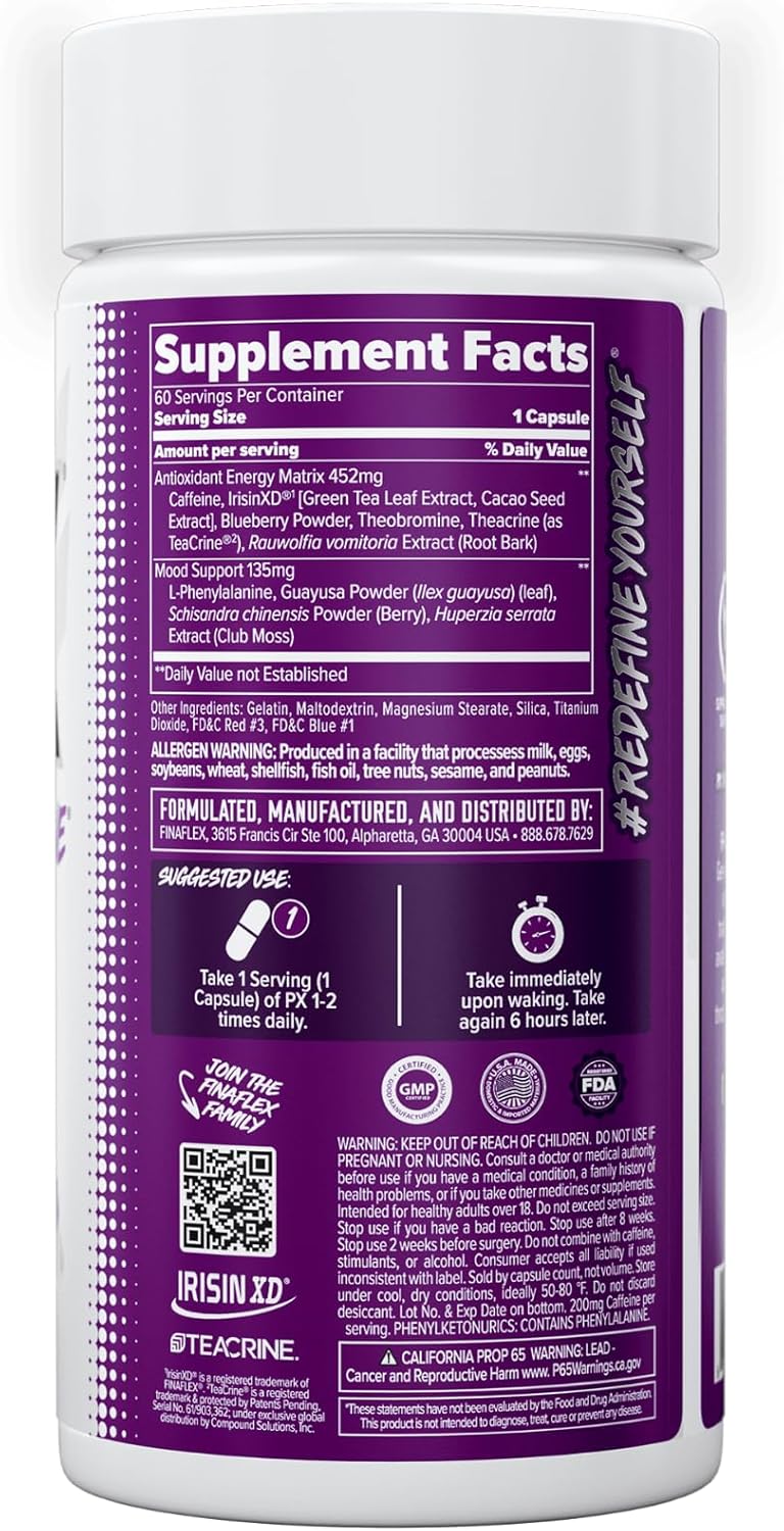 FINAFLEX PX PRO Xanthine Capsules - 60 Count - Thermogenic Energy Booster with Caffeine & TeaCrine - Appetite Suppressant & Focus Enhancer